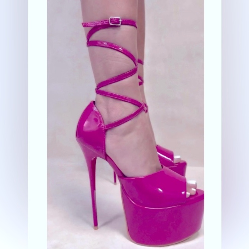 Glossy Pink Platform Stiletto Sandals platform ankles wrapped.straps.